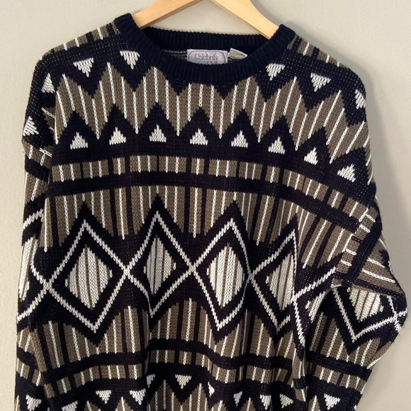 Vintage Art Deco Argyle Grandpa Chic Moody Dark Neutral Crewneck Knit Sweatet - Picture 2 of 4